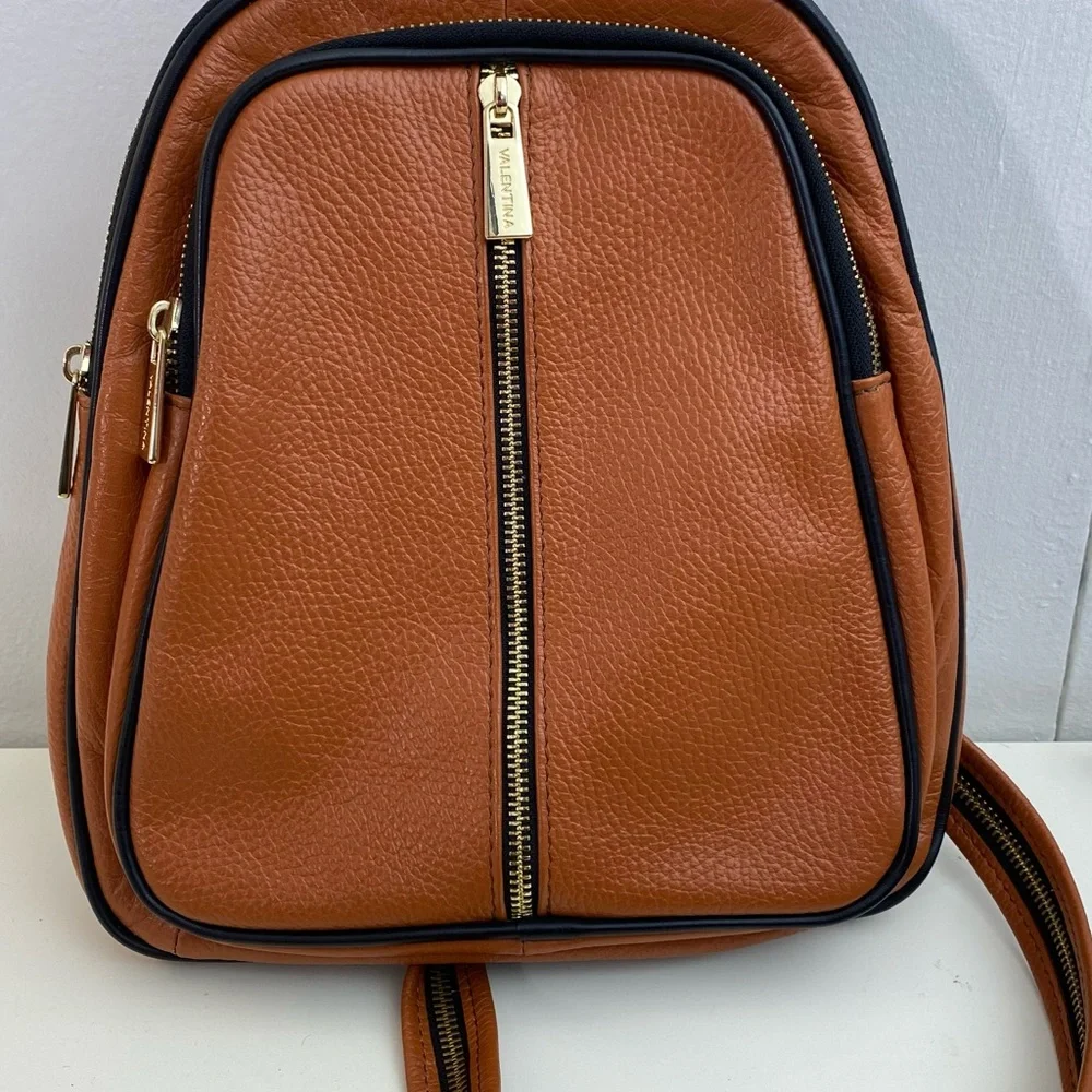 Valentina Italiana Elegant Pebbled Tan and Black Leather Backpack